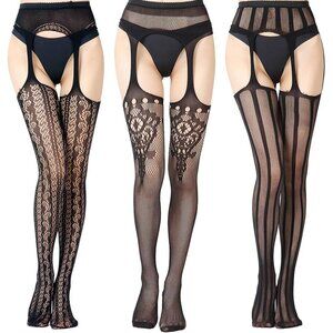 Women's Black Fishnet Tights Set with Lace and Striped Patterns Stylish